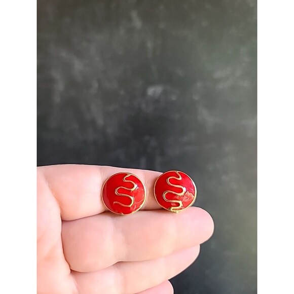 Red And Gold Tone Clip-on Earrings Vintage - Picture 2 of 10